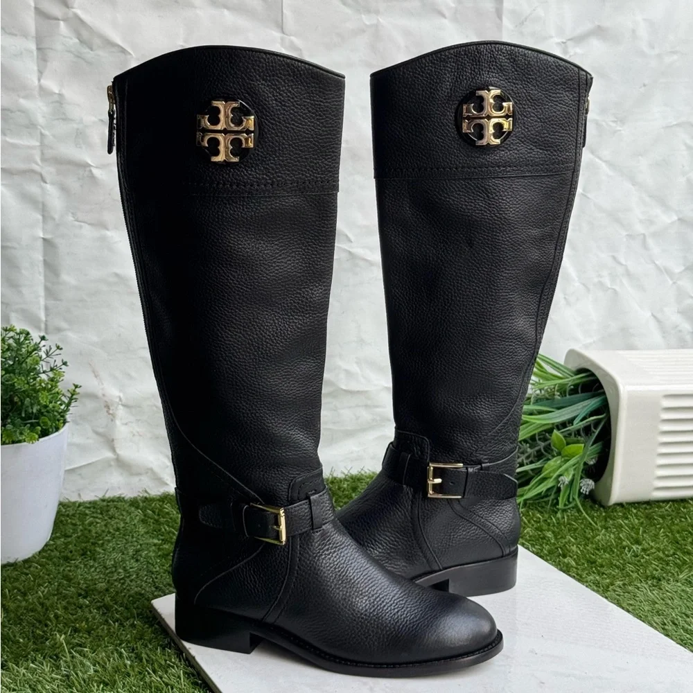 Tory Burch Adeline tall Riding Boots tumbled black leather women’s size 5.5 New